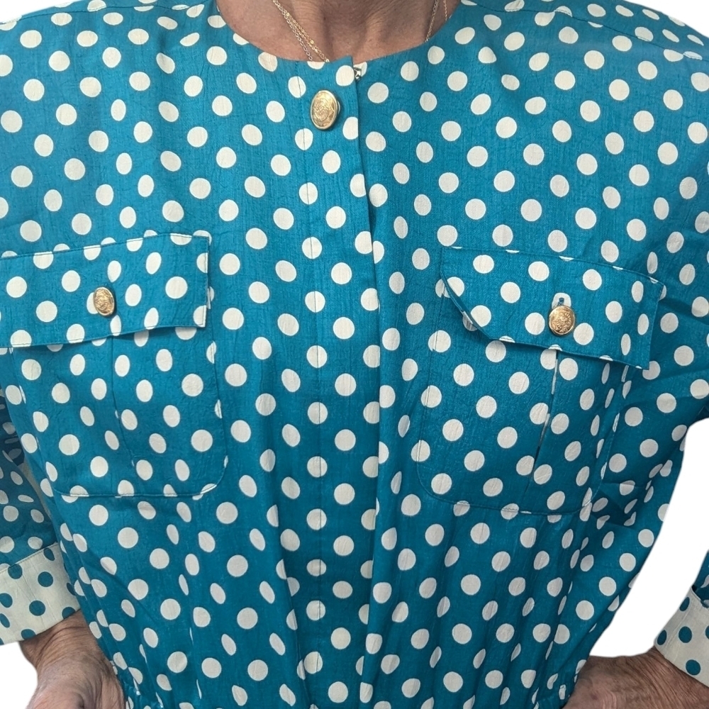 Vintage 80s Leslie Fay Teal White Polka Dot Midi Dress Drawstring 12 - Picture 12 of 12